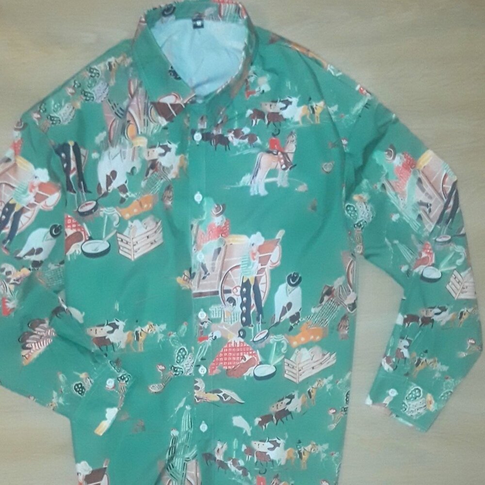 RARE cowboy "old west" graphic print blouse shirt--new, never worn